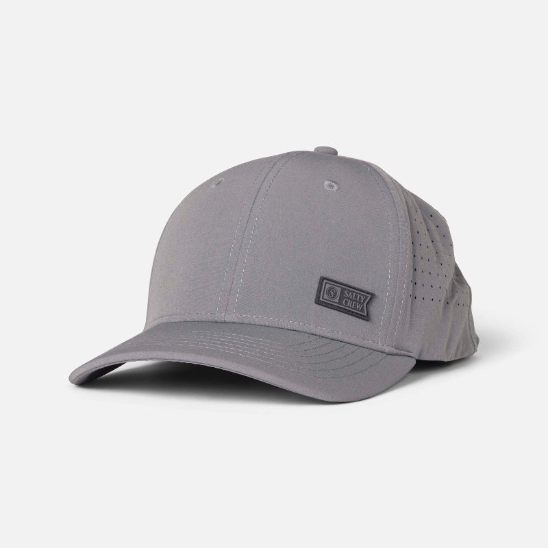 Gray baseball cap with a brand logo on a light gray background