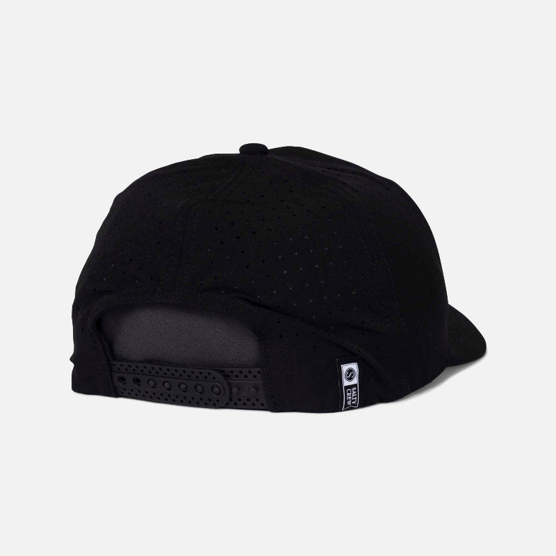 Black cap with a textured back on a light gray background