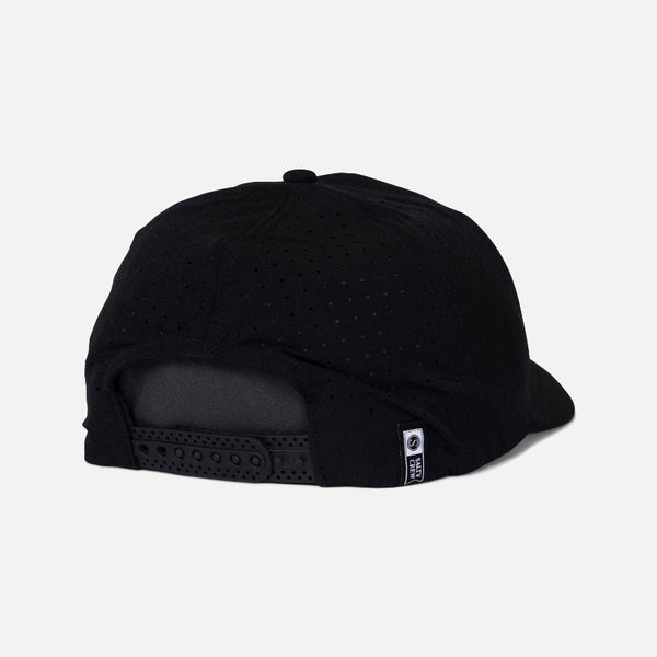 Black cap with a textured back on a light gray background