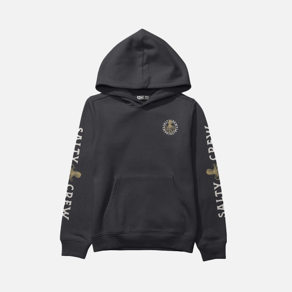 Black hoodie with branding on sleeves and chest against a light gray background