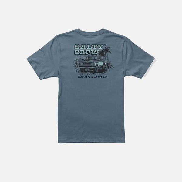 Blue t-shirt with graphic design and text on a white background