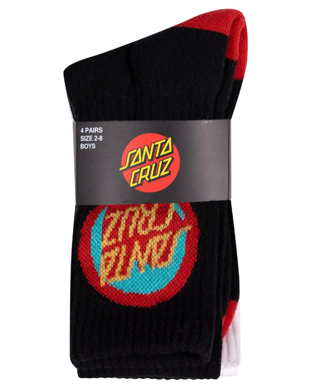Santa Cruz 4-pack of kids' crew socks in black with red and blue accents, featuring the brand's circular logo on the packaging and a large Santa Cruz graphic on the sock.