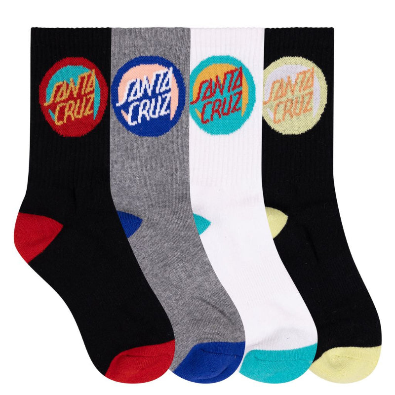 Four pairs of Santa Cruz crew socks arranged side by side on a white background, featuring different colorways with the brand's circular logo on the upper leg and colored toes and heels.