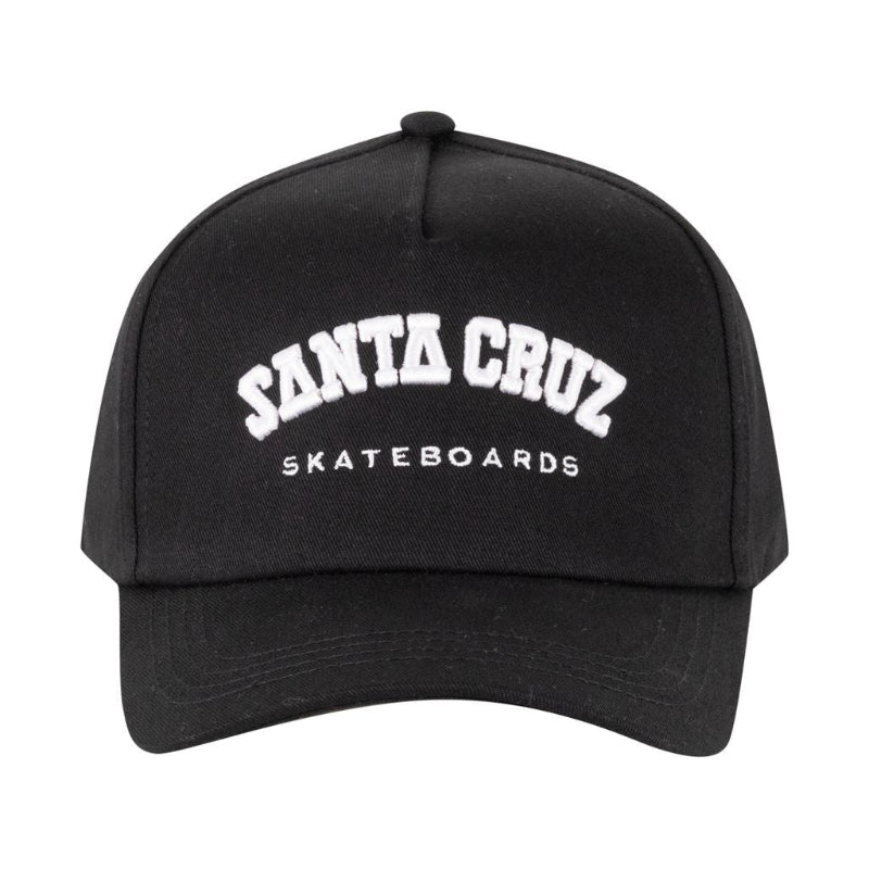A black baseball cap with 'SANTA CRUZ SKATEBOARDS' printed in white arched lettering on the front, shown against a plain white background.