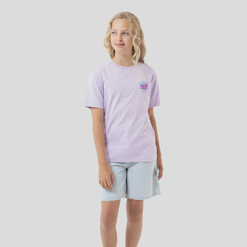Young person wearing a light purple t-shirt with a small graphic and light blue shorts on a white background