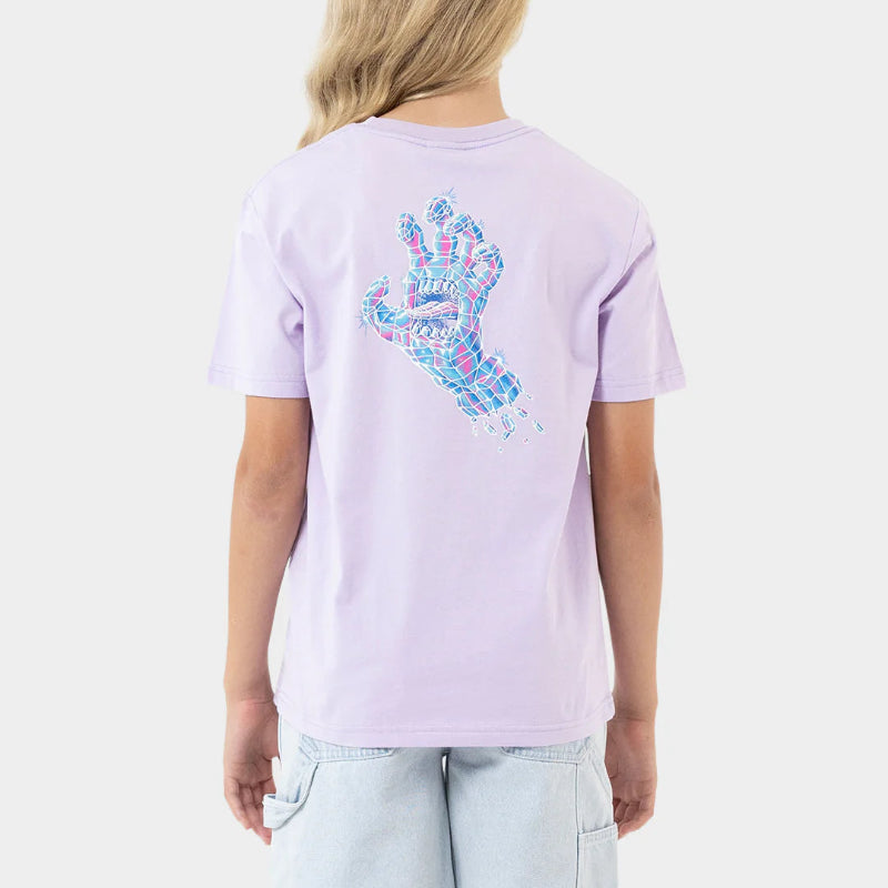 Person wearing a light purple t-shirt with a colorful hand design on the back, standing against a white background.