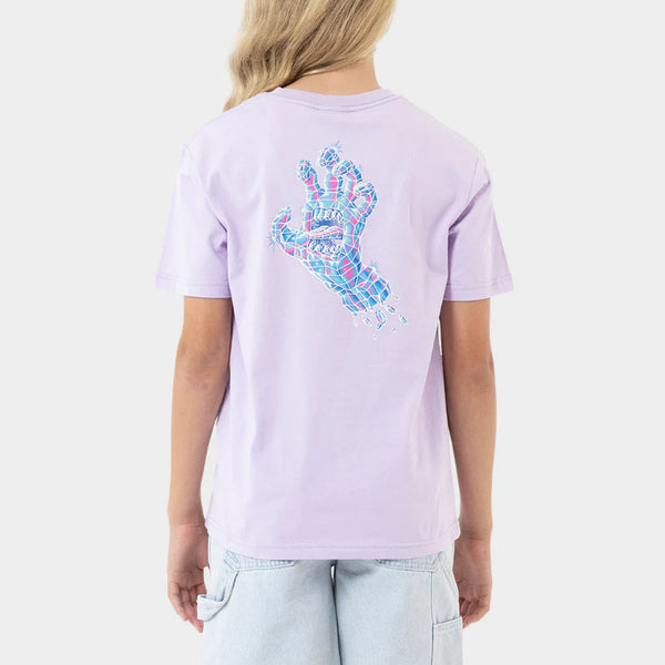 Person wearing a light purple t-shirt with a colorful hand design on the back, standing against a white background.
