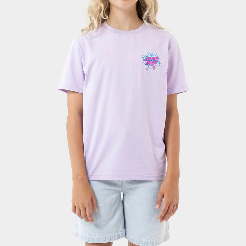 Young girl wearing a light purple t-shirt with a colorful graphic on a white background