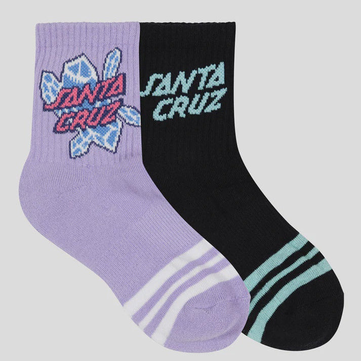 Two socks, one purple and one black, with 'Santa Cruz' branding on a light gray background.