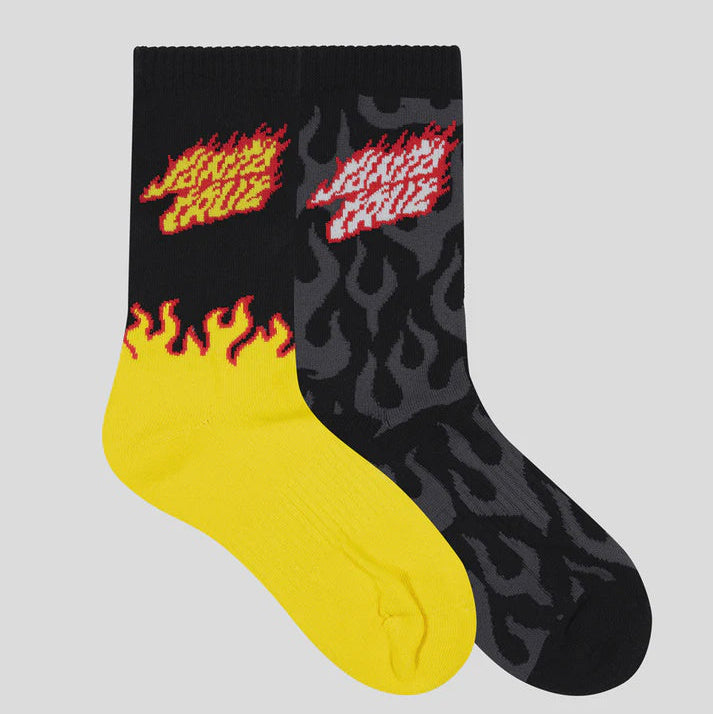 Two socks with flame design on a light gray background