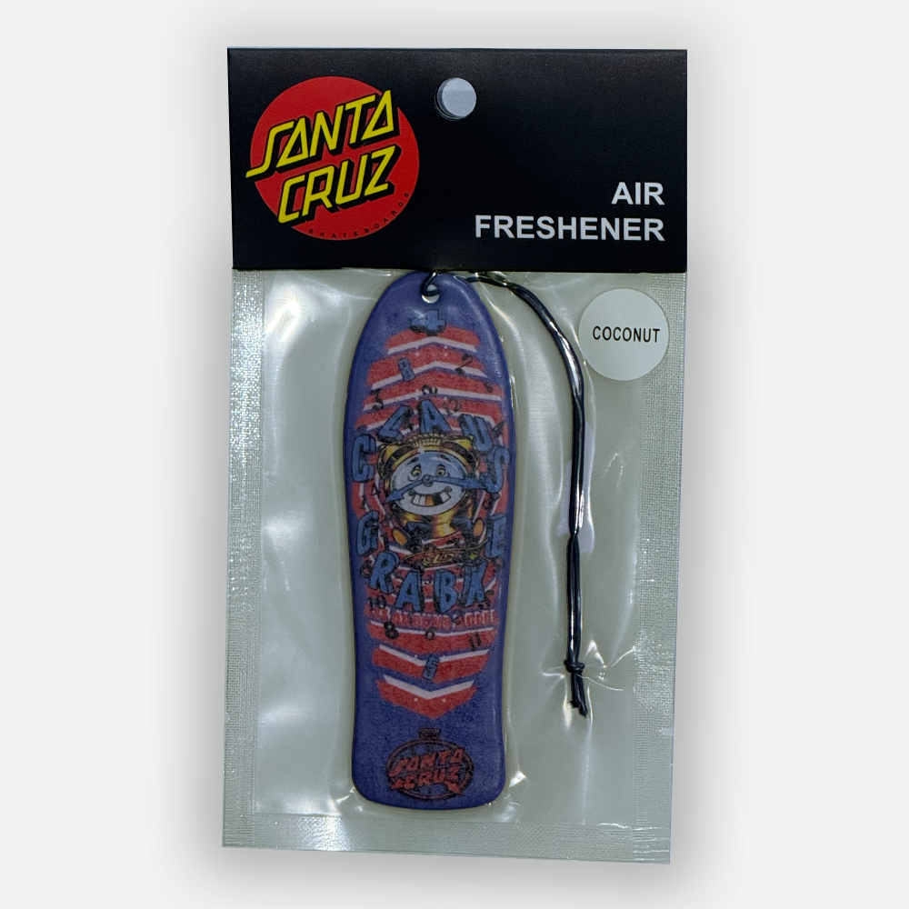 Santa Cruz skateboard deck air freshener with packaging on a white background