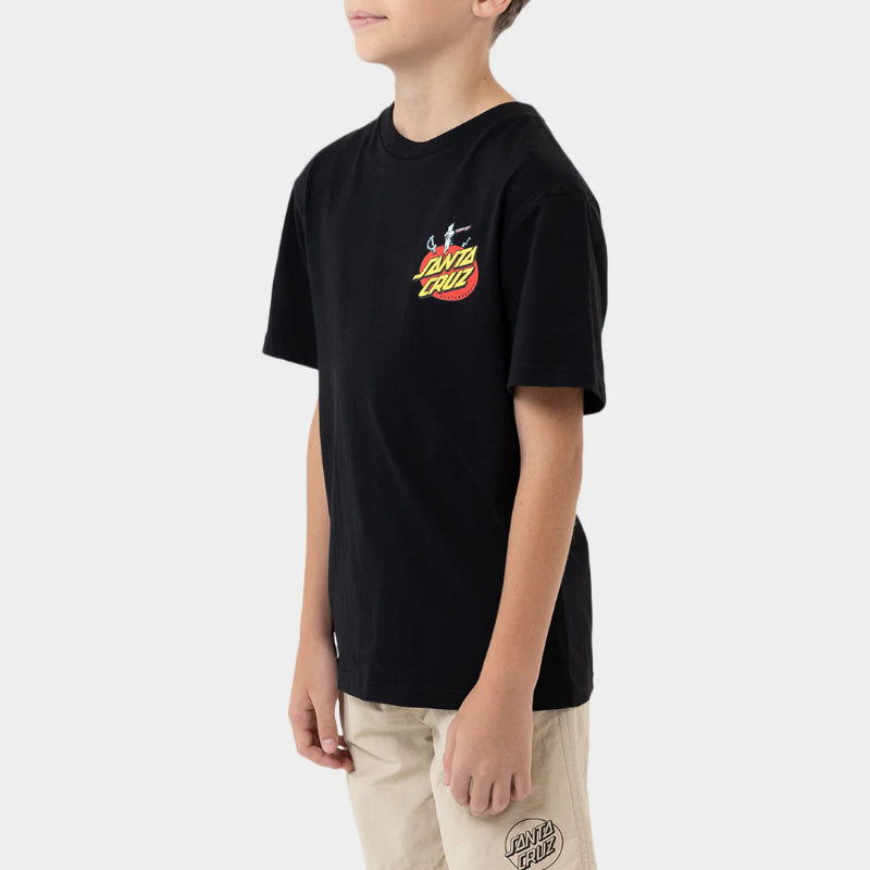 Child wearing a black t-shirt with a graphic design on a white background