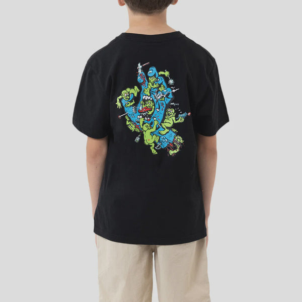 Person wearing a black t-shirt with colorful graphic design on the back against a plain background