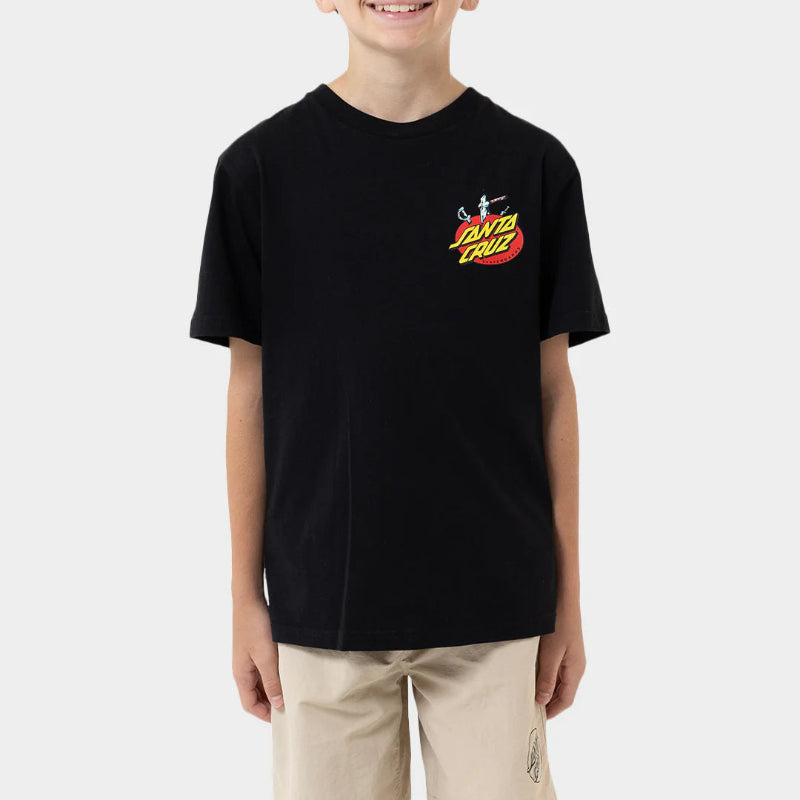 Child wearing a black t-shirt with a logo on a white background