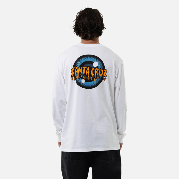Person wearing a white long-sleeve shirt with a Santa Cruz logo on the back, standing against a white background.