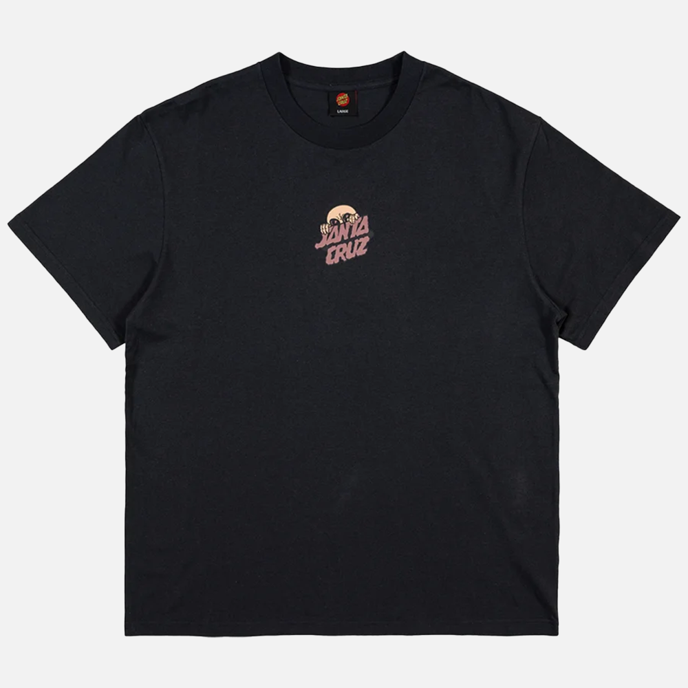 Black t-shirt with a small santa cruz logo on the chest against a white background