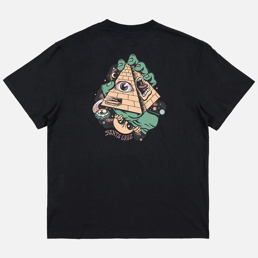 Black santa cruz t-shirt with a pyramid and eye design on the back, on a white background