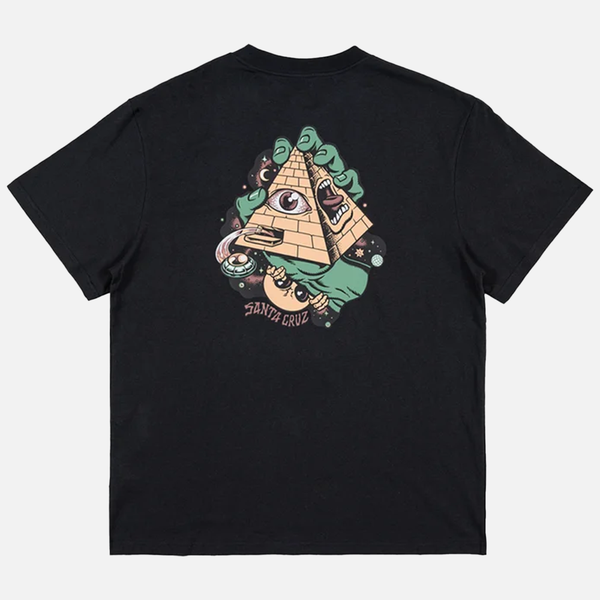 Black santa cruz t-shirt with a pyramid and eye design on the back, on a white background