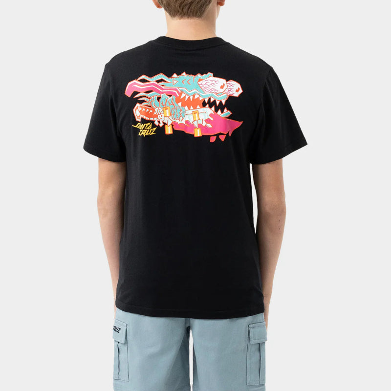 Person wearing a black t-shirt with a colorful graphic on the back against a white background