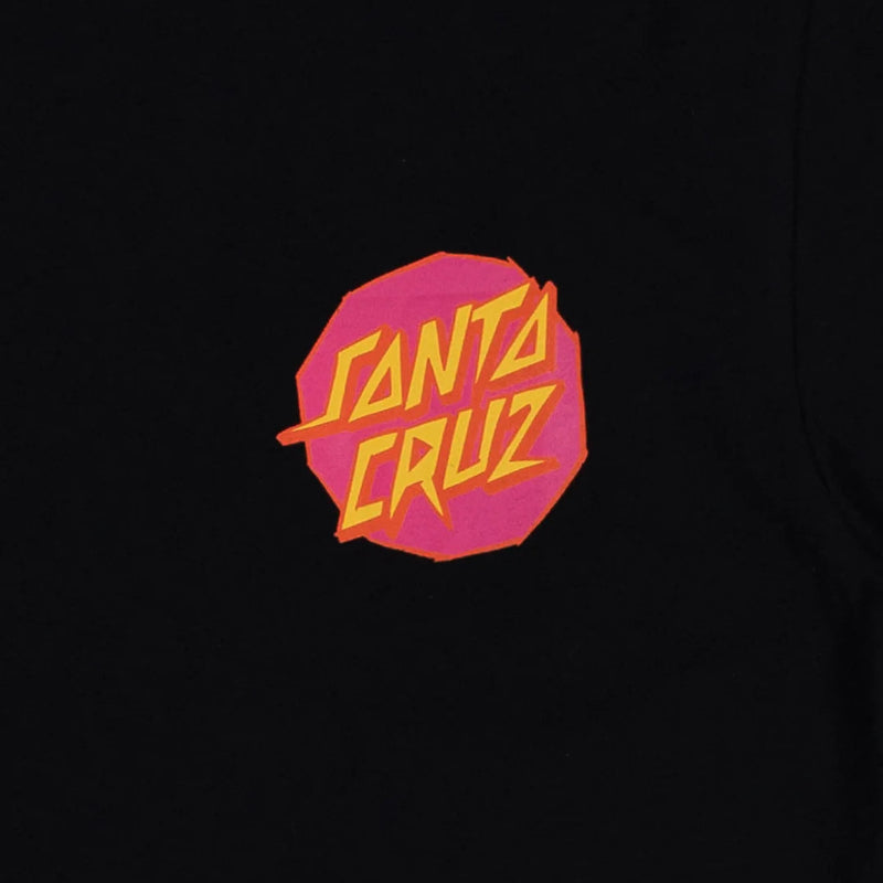 Black t-shirt with a pink and yellow 'Santa Cruz' logo on a black background