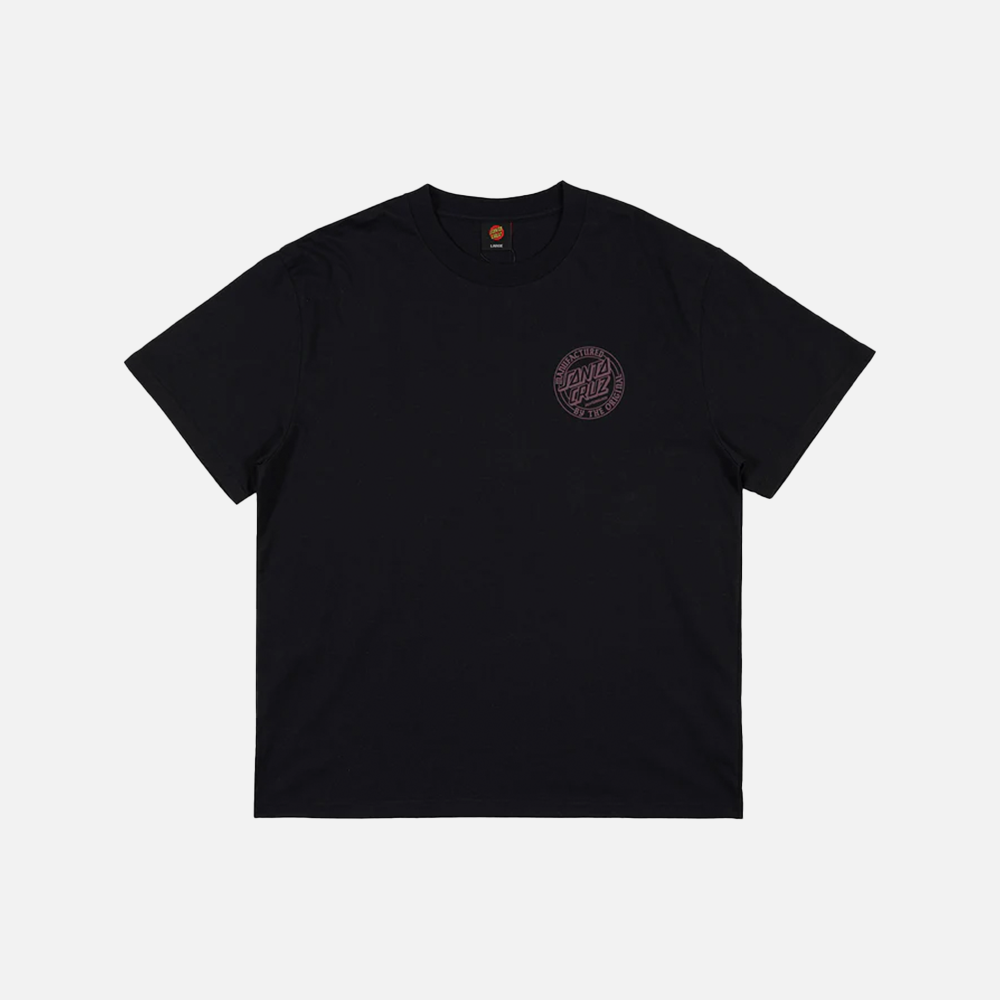 Black t-shirt with a santa cruz logo on the chest against a white background
