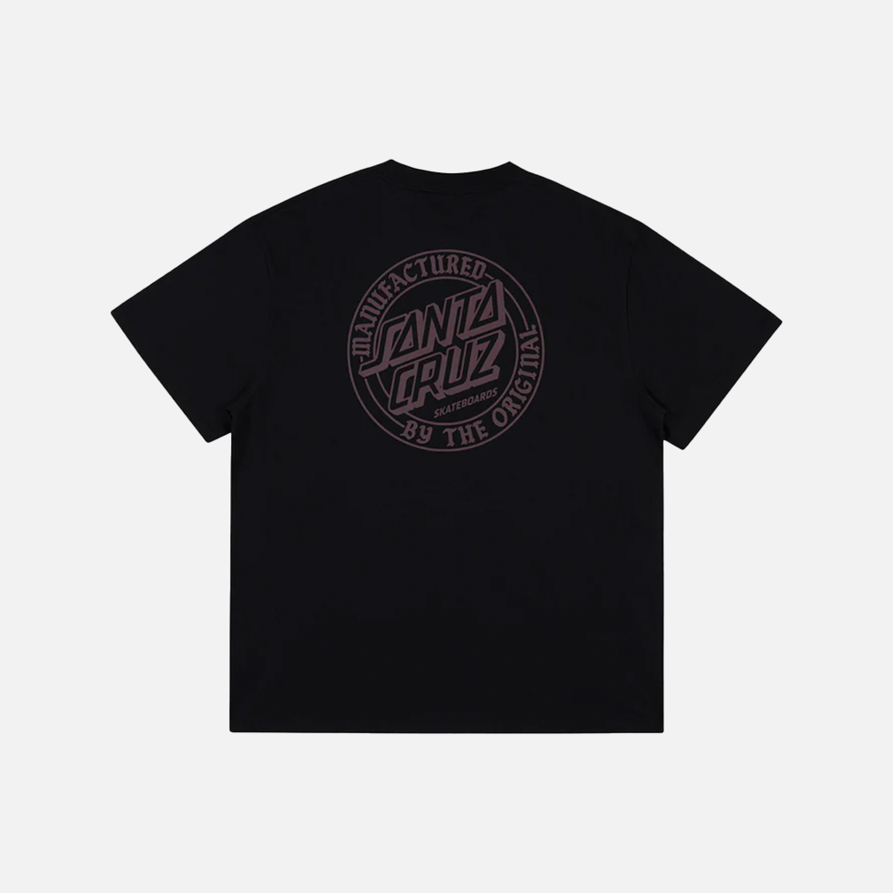 Black t-shirt with a santa cruz logo on the back against a light gray background