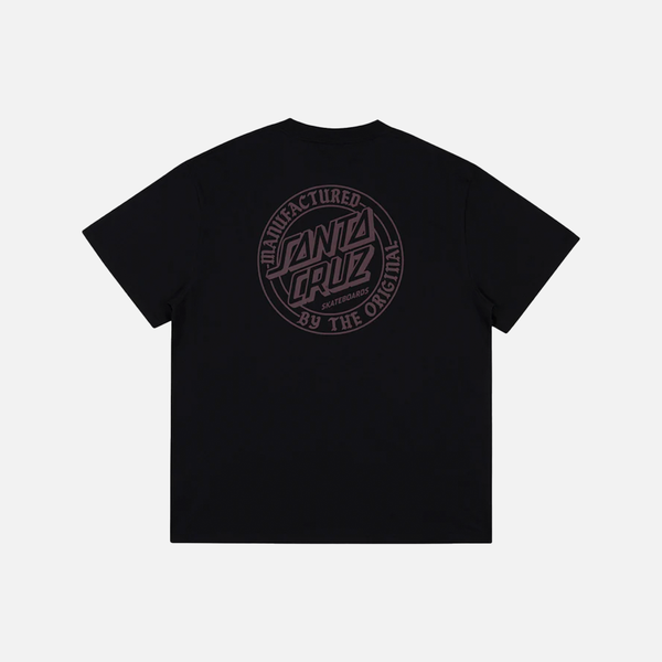 Black t-shirt with a santa cruz logo on the back against a light gray background
