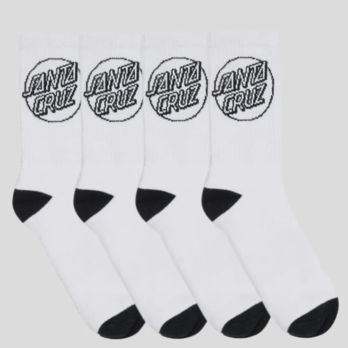 Four white socks with black accents and Santa Cruz logo on a light gray background