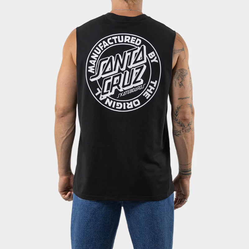 Person wearing a black sleeveless shirt with 'Santa Cruz' logo on the back, standing against a white background.