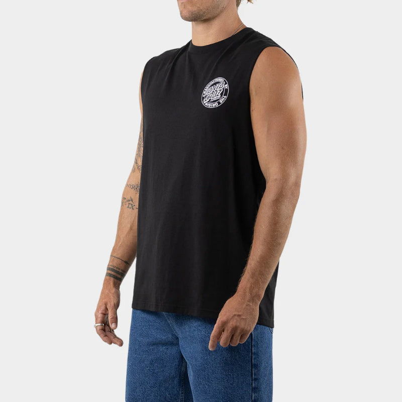 Man wearing a black sleeveless shirt with a logo on a white background