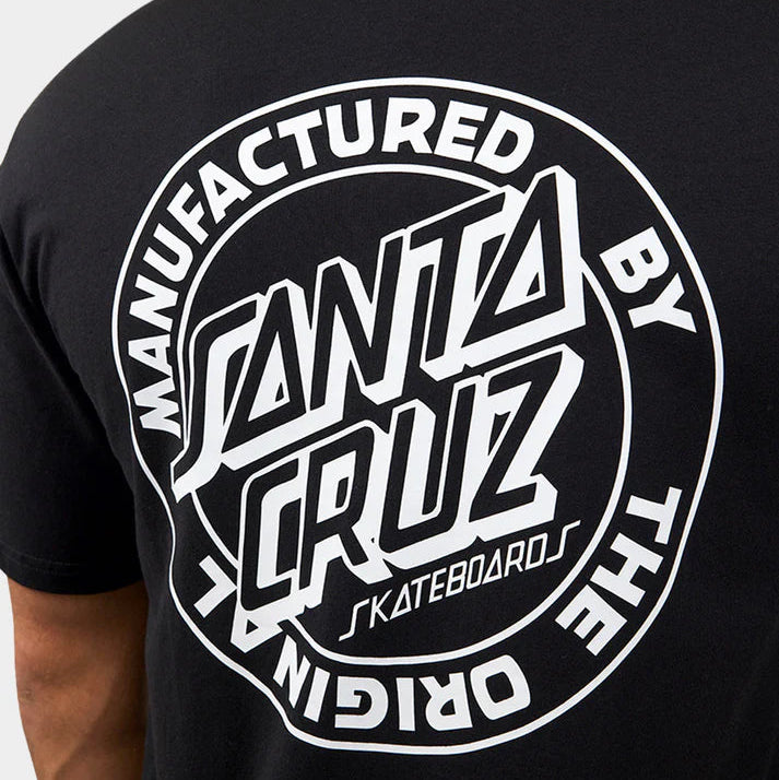 Black t-shirt with white 'Santa Cruz' logo on the back