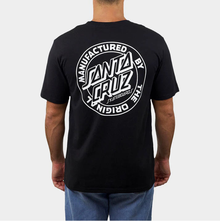 Man wearing a black t-shirt with 'Santa Cruz' logo on the back against a white background
