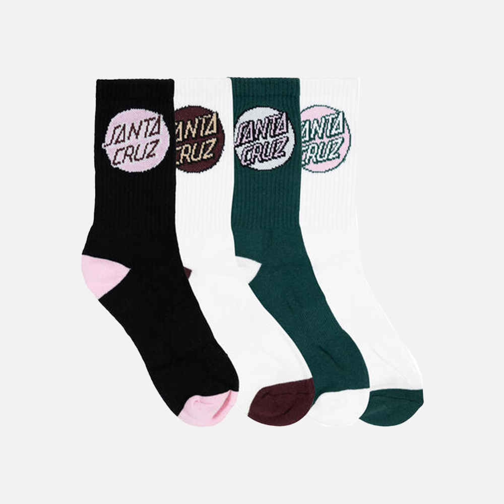 four pairs of socks with Santa Cruz logo on a white background