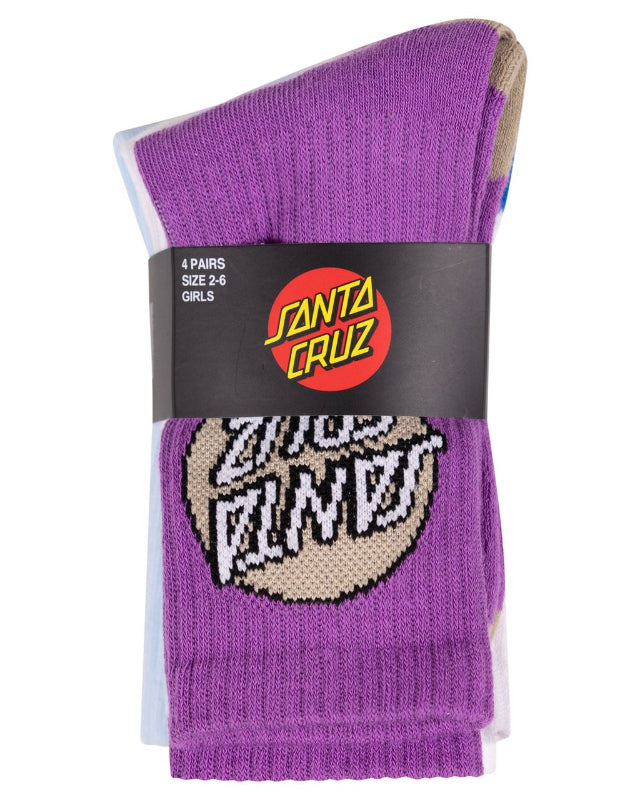 A pack of four Santa Cruz socks in purple, size 2-6 for girls, wrapped in a black paper band featuring the red and yellow Santa Cruz logo.