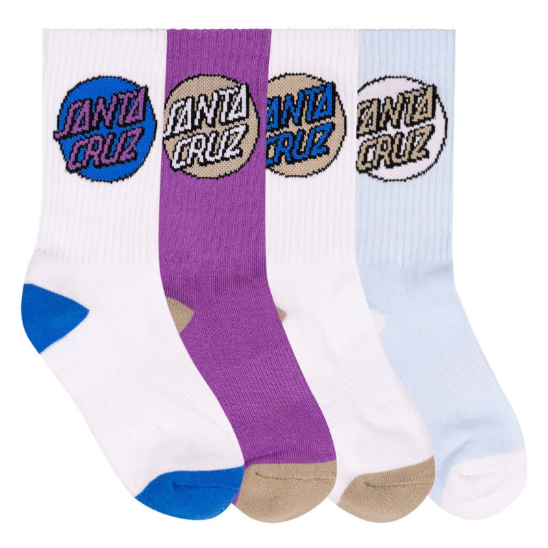 Four Santa Cruz crew socks arranged in a fan shape on a white background, featuring the brand's circular logo in blue, gray, black, and white on white, purple, and light blue socks.
