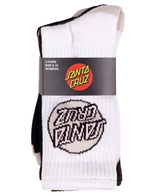 A pack of four Santa Cruz crew socks for women, featuring a white ribbed body with black and gray toe and heel sections, and a black paper band with the red and yellow Santa Cruz logo.