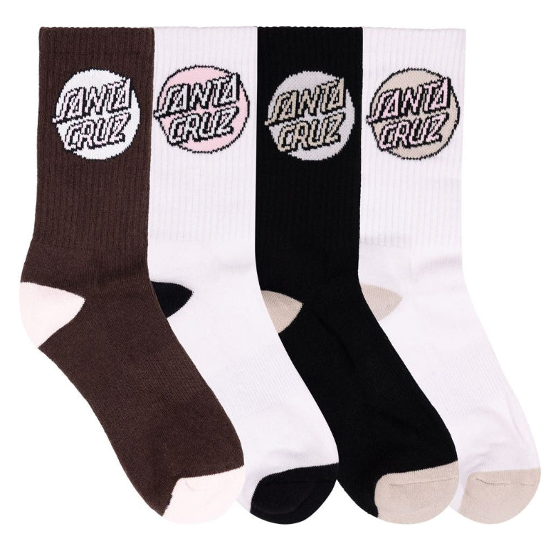 Four pairs of Santa Cruz crew socks arranged side by side on a white background, featuring brown, white, black, and white colorways with the brand's circular logo on the upper leg.