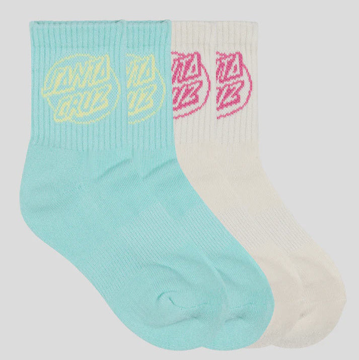 Two socks, one turquoise with yellow text and one white with pink text, on a light gray background.