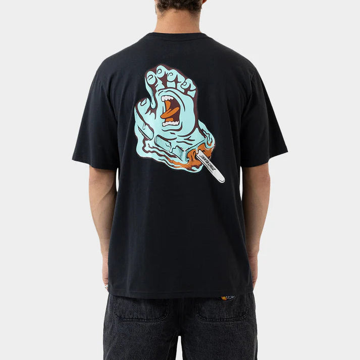 Person wearing a black t-shirt with a graphic design on the back against a white background