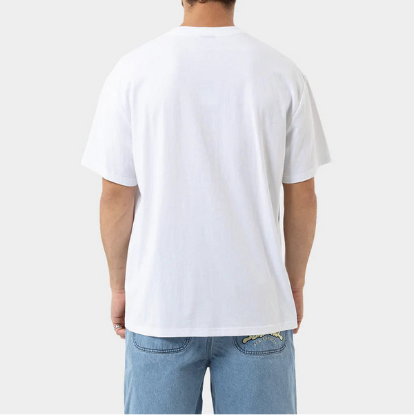 Person wearing a plain white t-shirt and light blue jeans on a white background