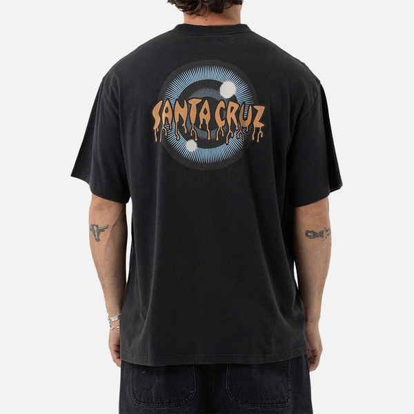 Person wearing a black t-shirt with 'Santa Cruz' logo on the back, on a white background