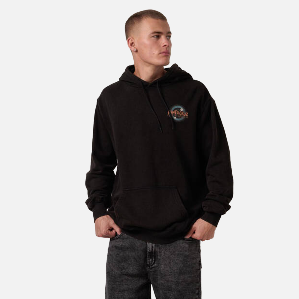 Person wearing a black hoodie with a santa cruz logo on a white background