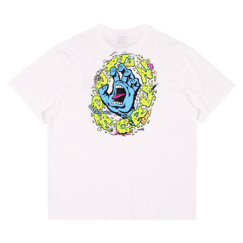 A white short-sleeve crewneck t-shirt featuring a large graphic print of the iconic Santa Cruz 'Screaming Hand' logo in blue, yellow, and pink on the chest.