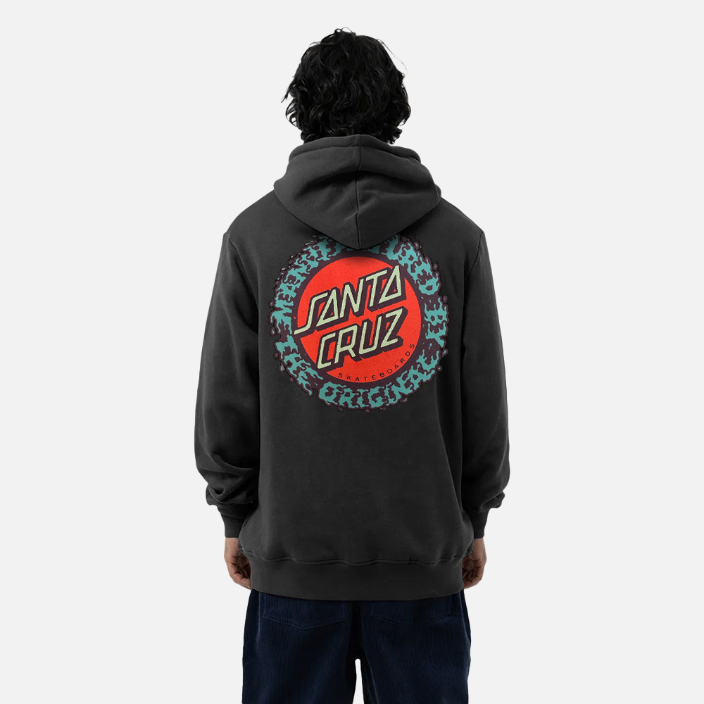 Person wearing a black hoodie with Santa Cruz logo on the back against a white background