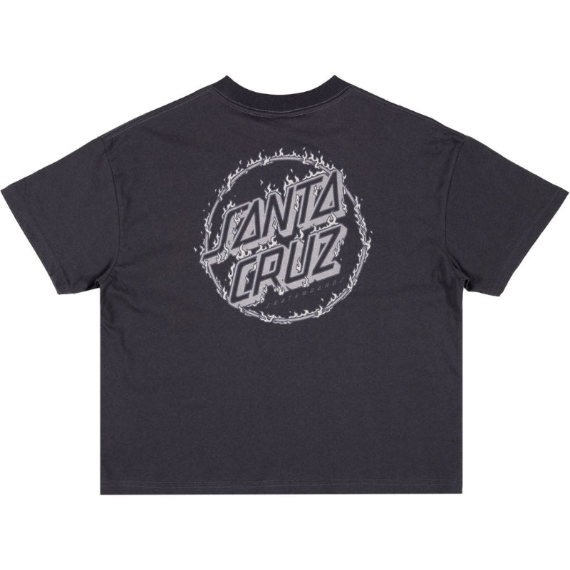 A dark charcoal gray short-sleeve t-shirt with a white distressed Santa Cruz logo printed on the back, displayed flat against a solid white background.