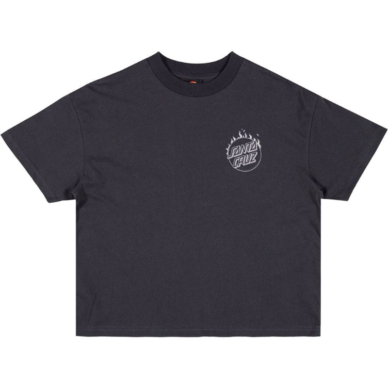 A dark charcoal gray short-sleeve t-shirt with a white Santa Cruz logo printed on the left chest, displayed flat against a solid white background.