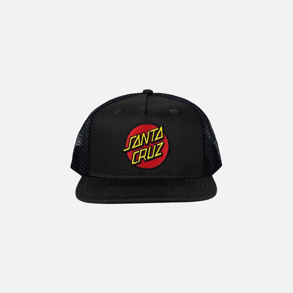Black cap with a red and yellow 'Santa Cruz' logo on a light gray background
