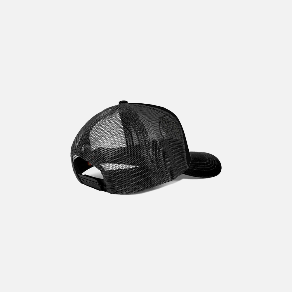 Black snapback trucker cap on a white background.