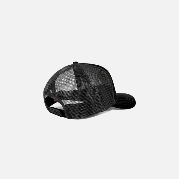Black snapback trucker cap on a white background.