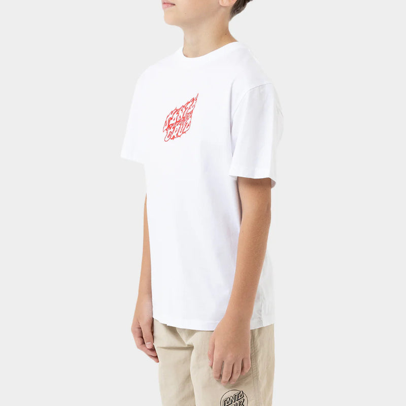Young boy wearing a white t-shirt with a red graphic on a white background